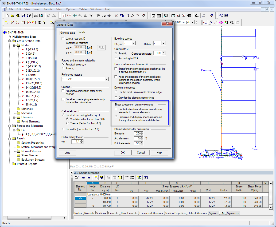 Calculation of Shear Stresses on Null Elements