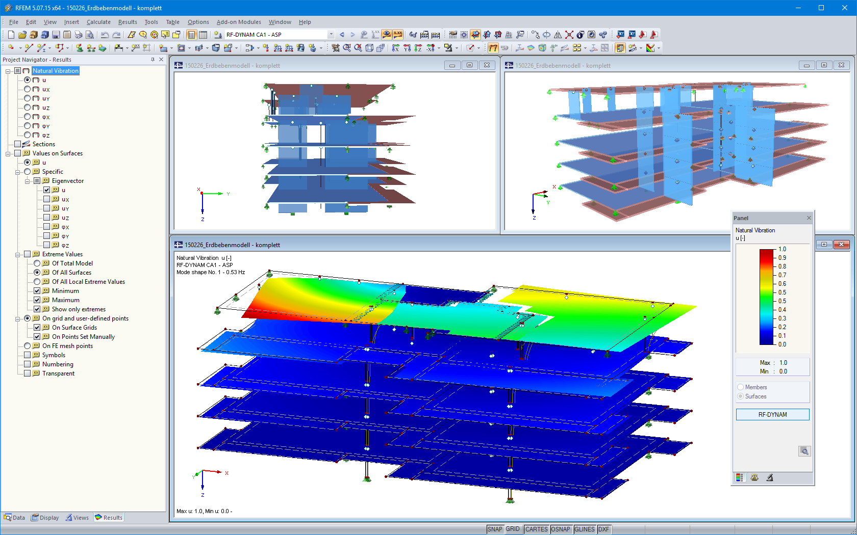 RFEM Model and First Mode Shape of Five-Story Timber Building (© Pirmin Jung Ingenieure)