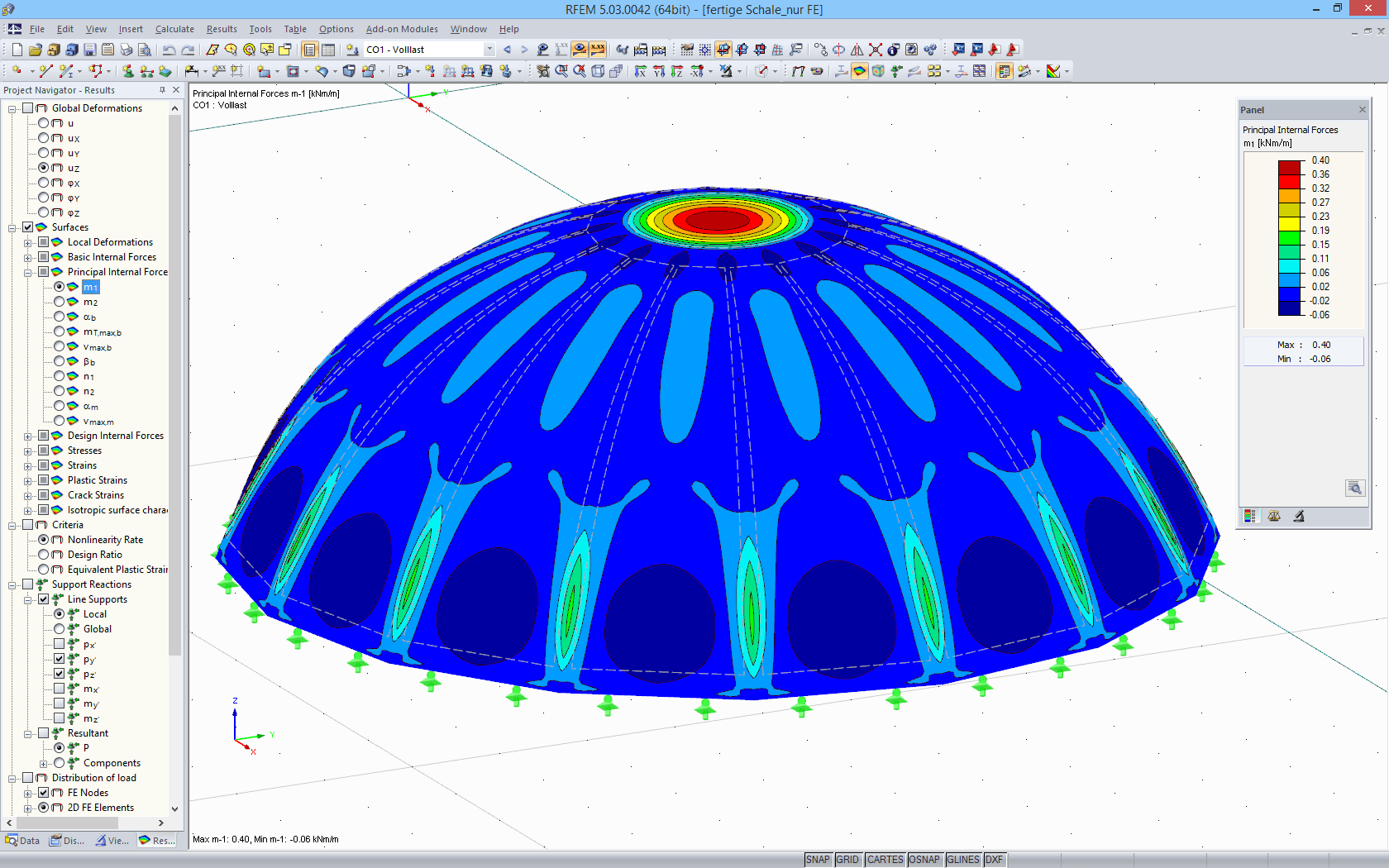 RFEM Graphic with Representation of Maximum Moments of 0.40 kNm/m in Shell (Final State) Stressed by Self-Weight and Snow of 1.50 kN/m² (© TU Wien)