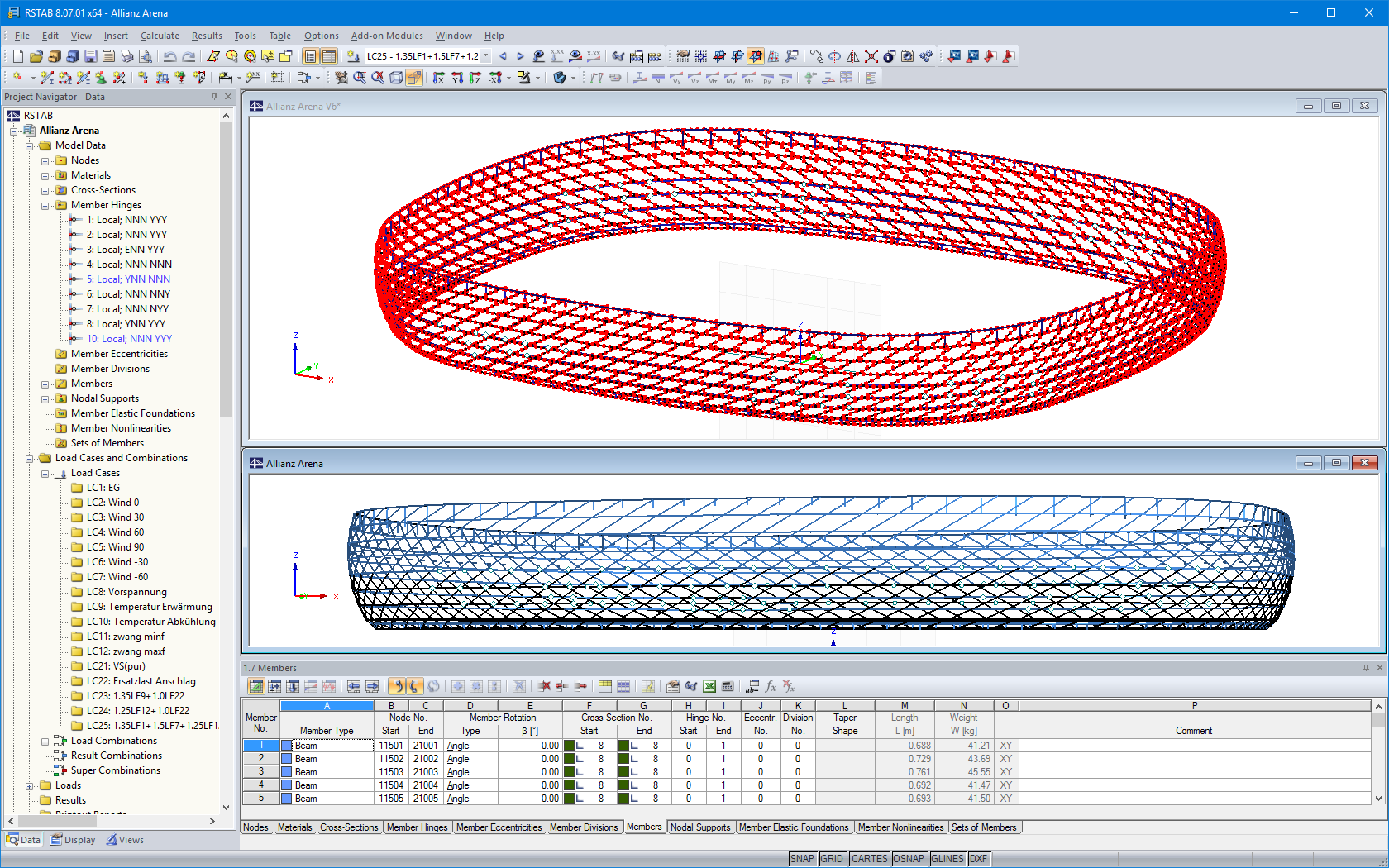 3D Beam Structure Model of Allianz Arena in RSTAB (© IPL GmbH)