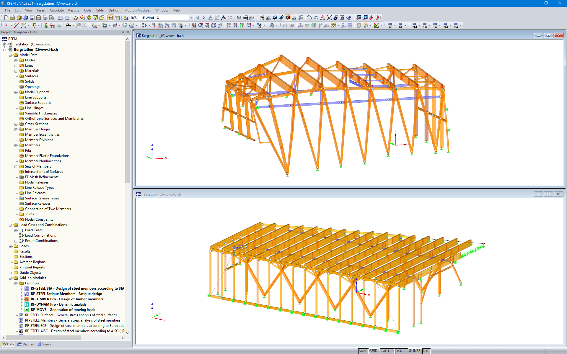 RFEM Model of Mountain Station (Top) and Valley Station (Bottom) (© Indermühle Bauingenieure)