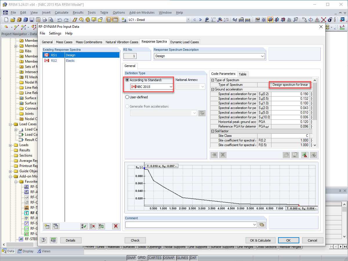 NBC 2015 Design Spectrum for Linear Calculation Type for Modal Response Spectrum Analysis