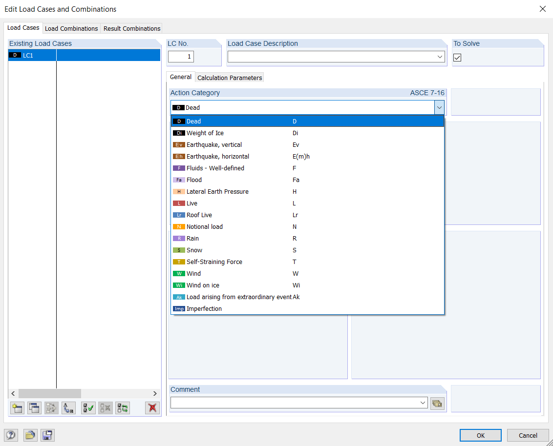 Dialog Box "Edit Load Cases and Combinations"