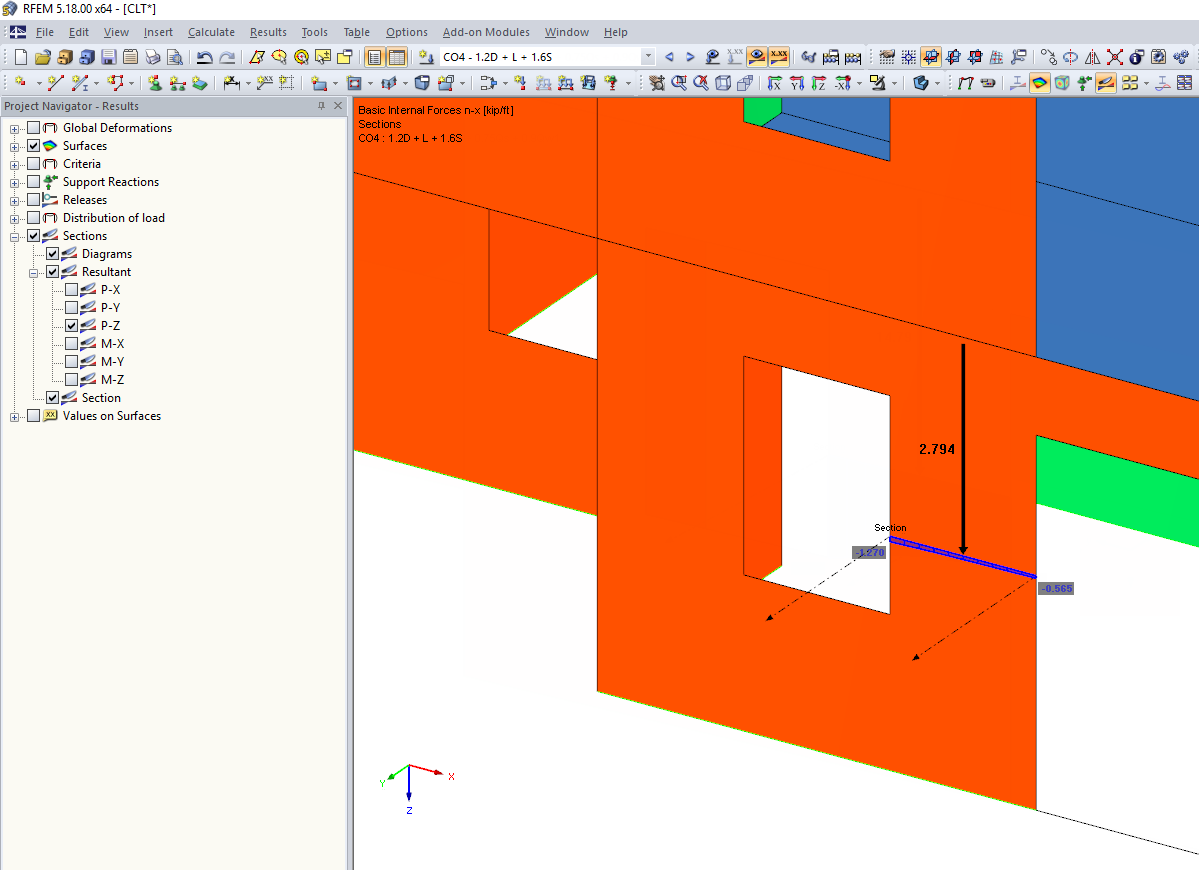 Section of Axial Forces Through Surface with Resultants