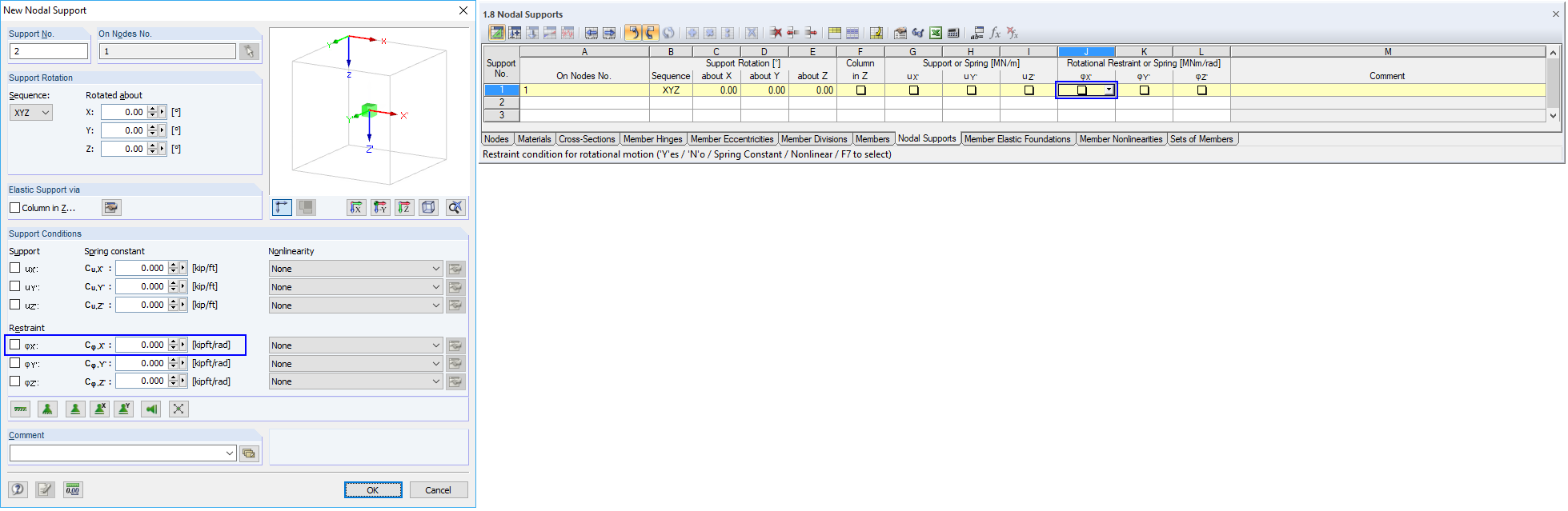 Dialog Box/Table "Nodal Supports"