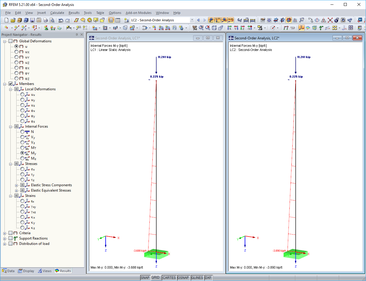 Bending Moments According to First-Order  Analysis (Left) and Second-Order Analysis (Right)