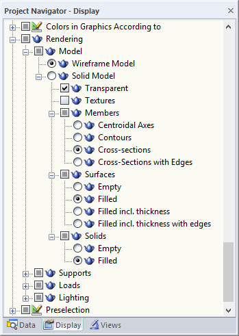 Navigator - "Display" with Options for Rendering