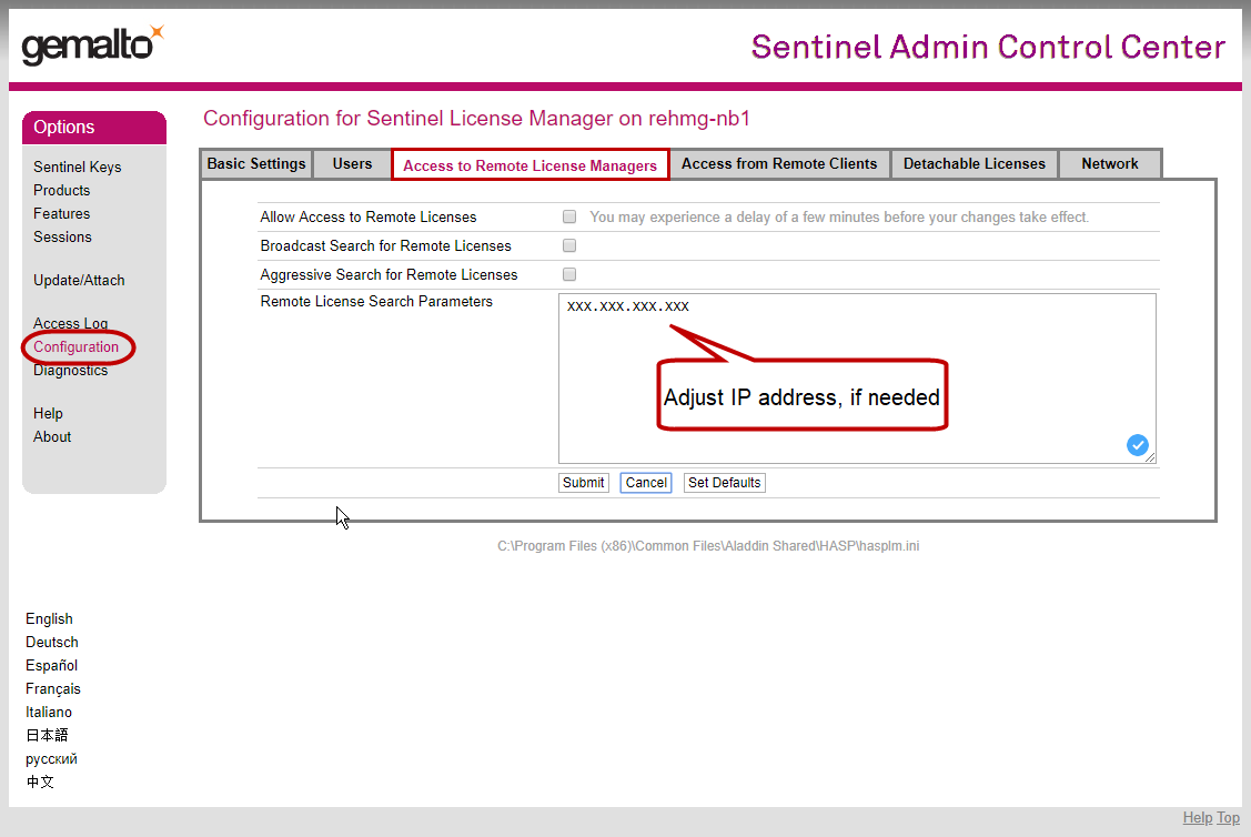 Configuration in Admin Control Center