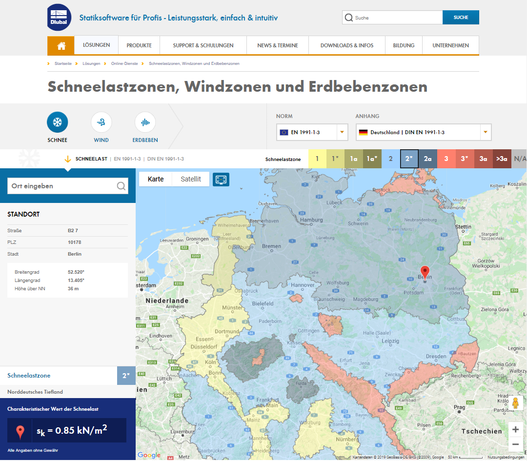 Search for Location in Germany via Google Maps and Determining Corresponding Snow Load