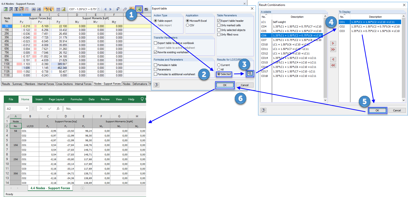 Exporting Nodal Support Forces of Selected LC/CO/RC to Excel