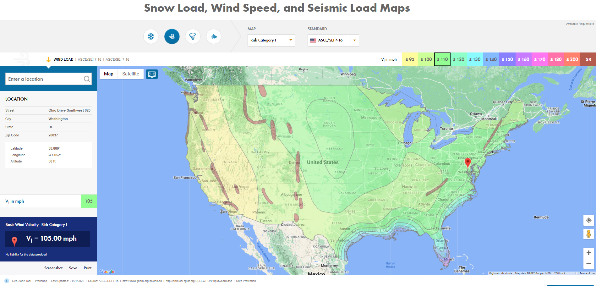 Online Service "Snow Load, Wind Speed, and Seismic Load Maps"