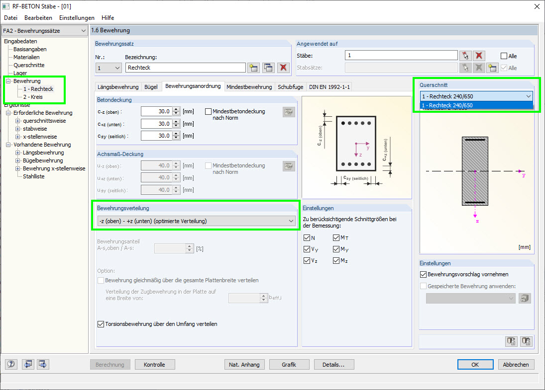 Circular and Rectangular Cross-Sections in Separate Reinforcement Sets