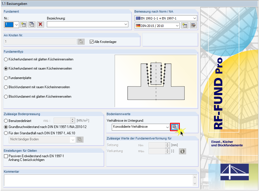 Window "1.1 General Data" with Button for Opening Dialog Box "Soil Profile"