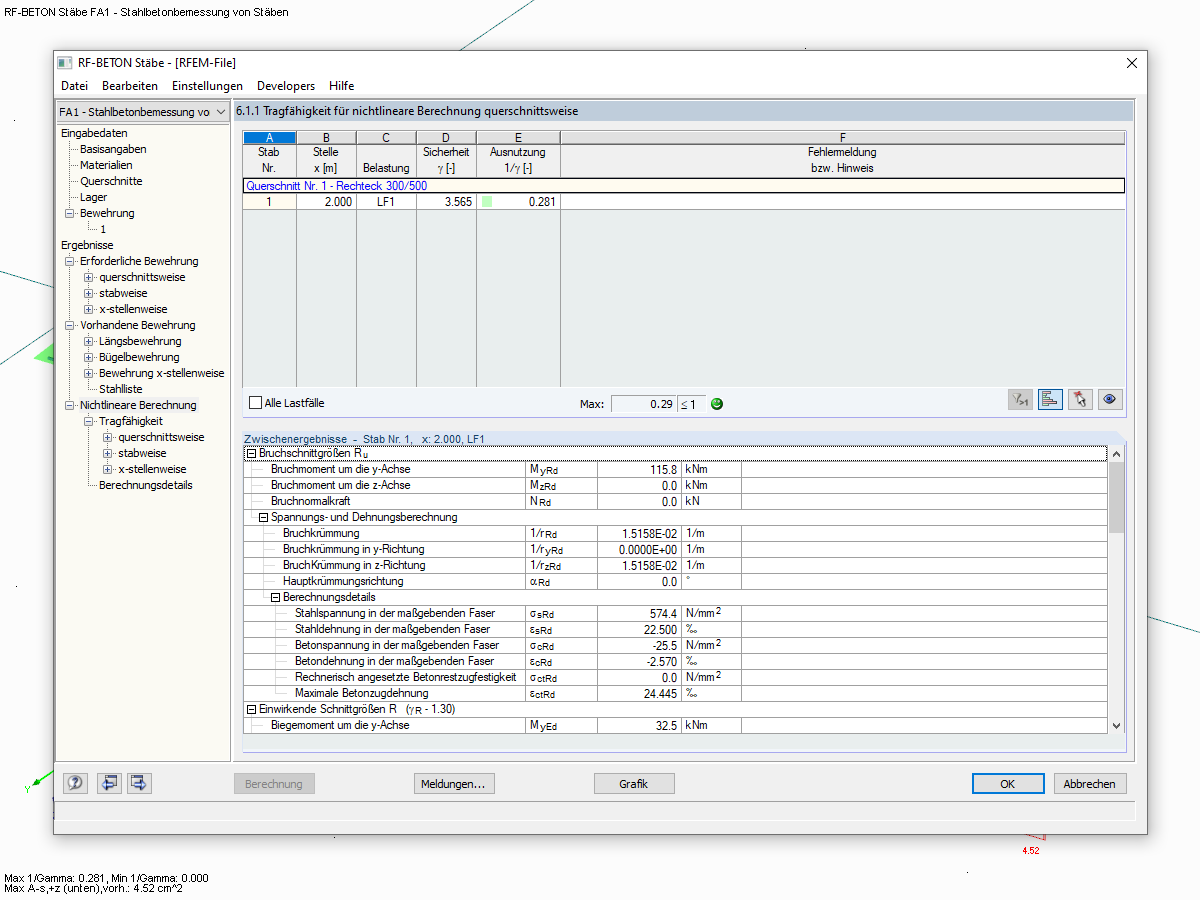 Window 6.1.1 with Results of ULS for Nonlinear Calculation