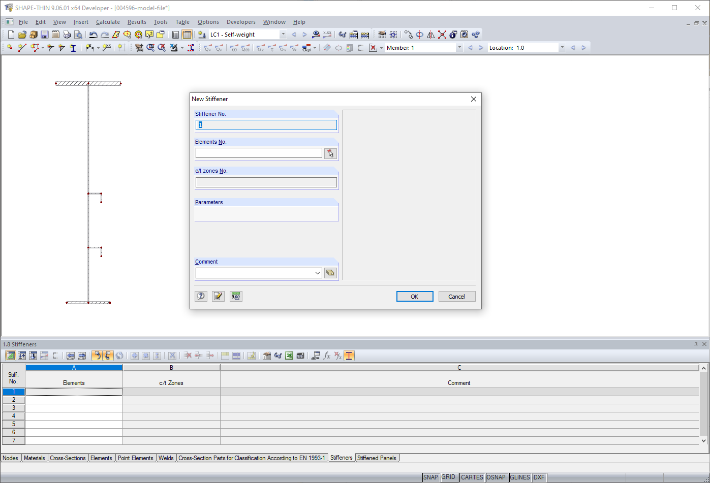 Entering Stiffeners in Dialog Box and Table