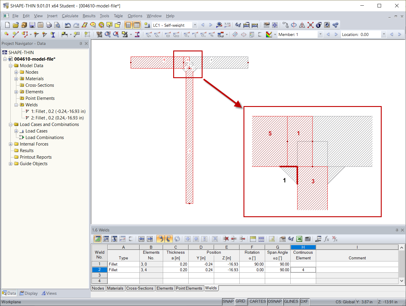 Elements 1, 3, and 5 Connected to Weld 1 (Marked in Red)