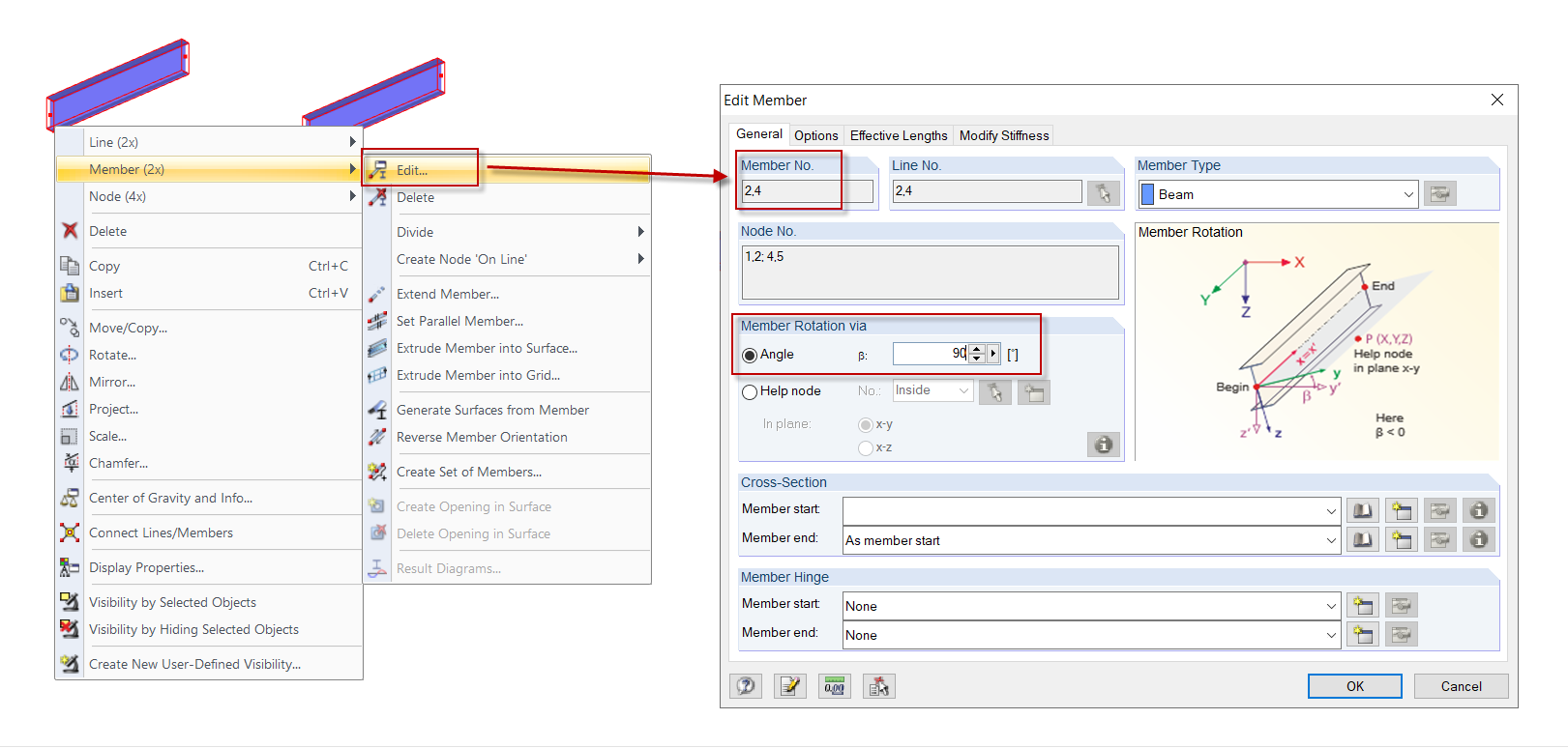 Multi-Selection with Shortcut Menu (Right) and Dialog Box "Edit Member" (Left)