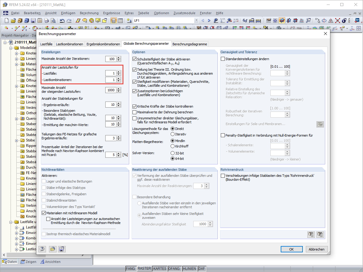 Calculation parameters - a load level