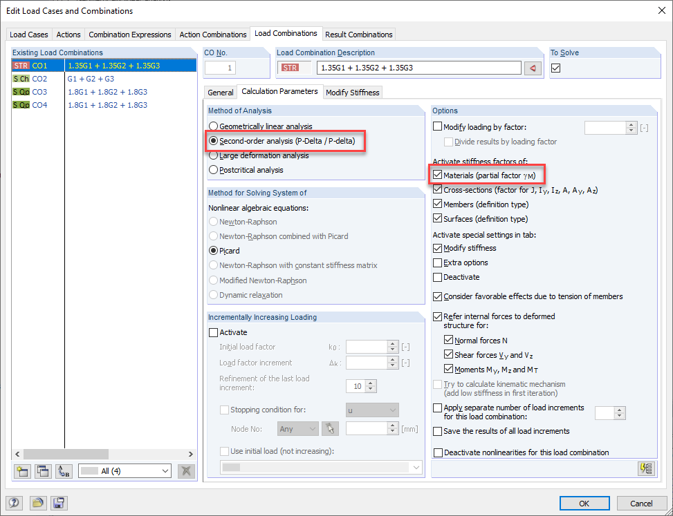 Calculation Parameters of Load Combination