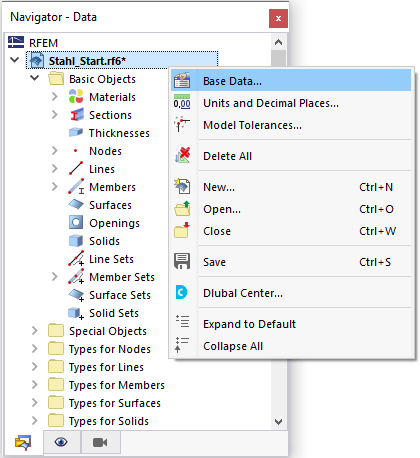 Opening General Data via Model Shortcut Menu