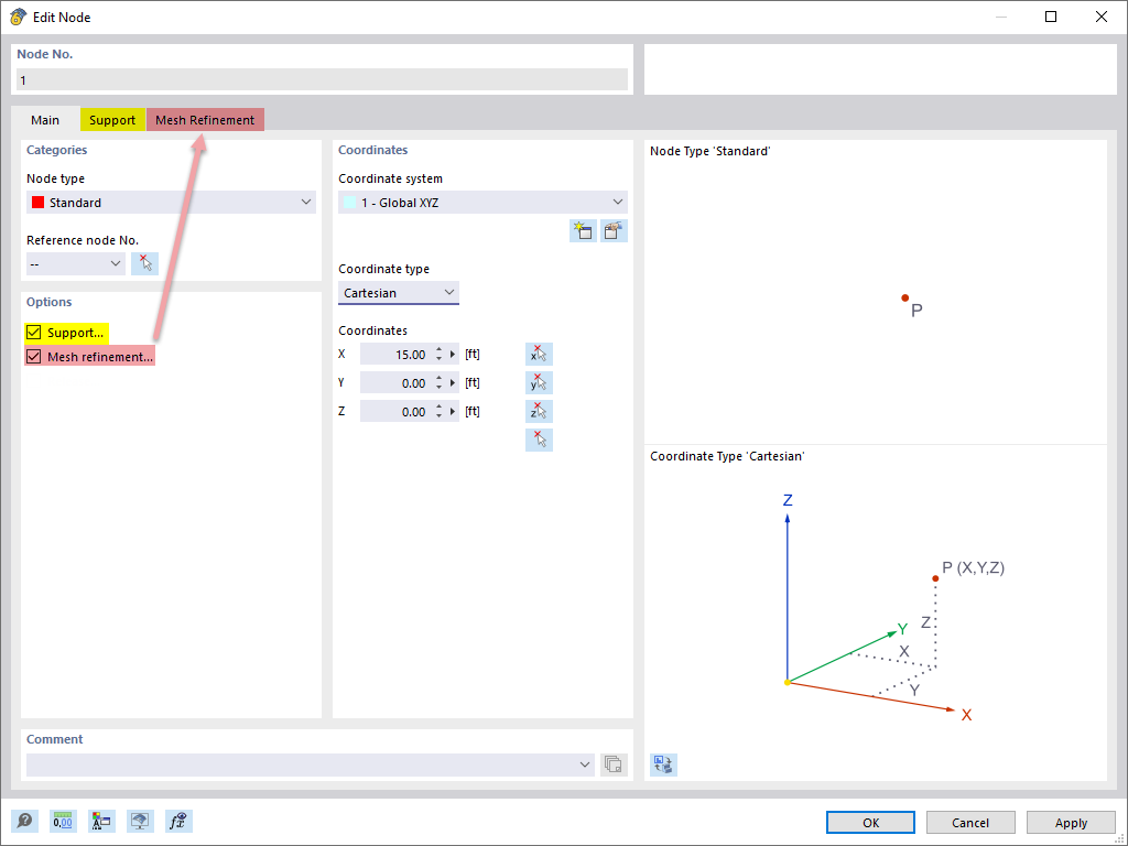 Providing Nodes (Basic Object) with Support and Mesh Refinement (Types for Nodes)