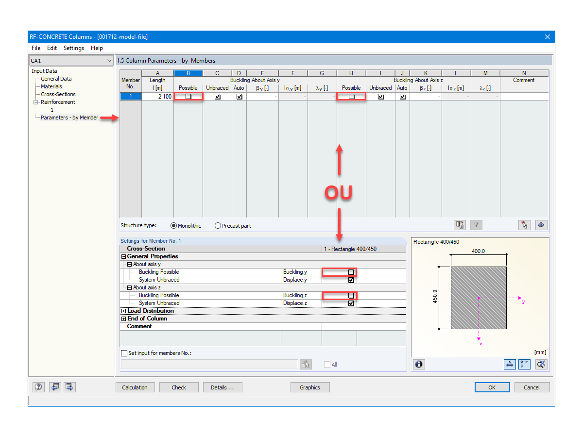 Deactivation of Buckling Possible in RF-CONCRETE Columns