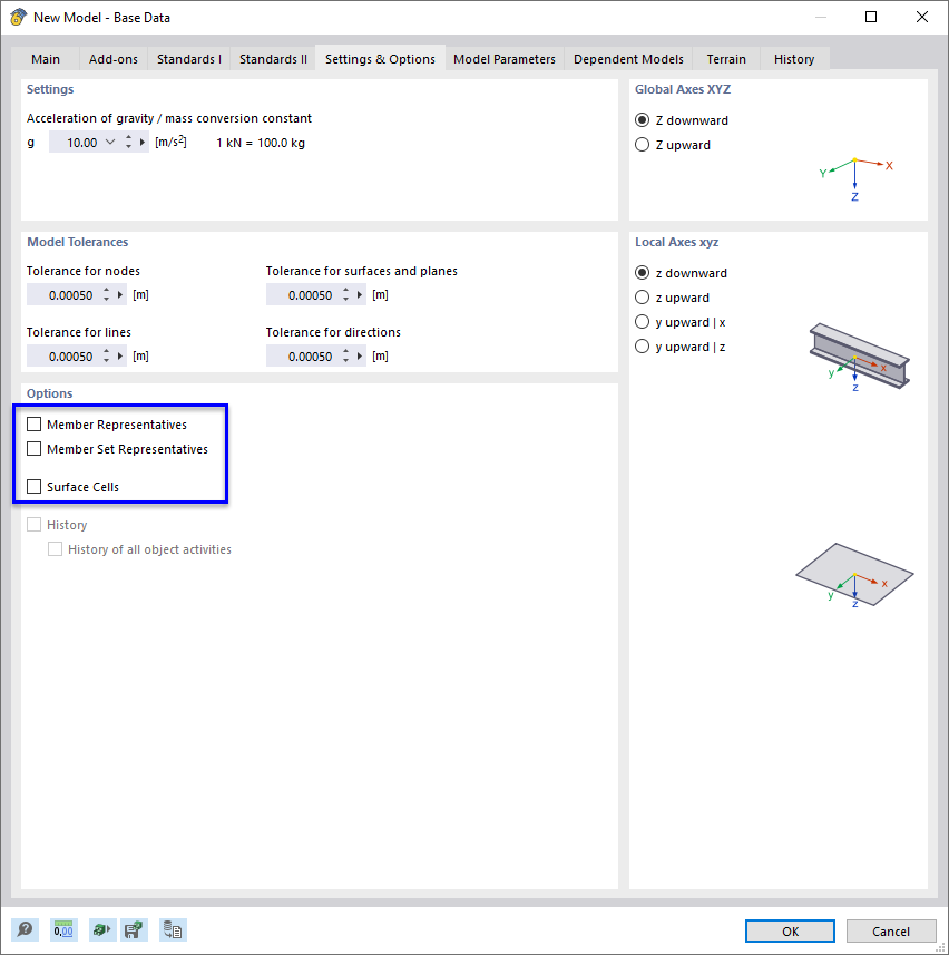 'Settings & Options' for Axes and Tolerances