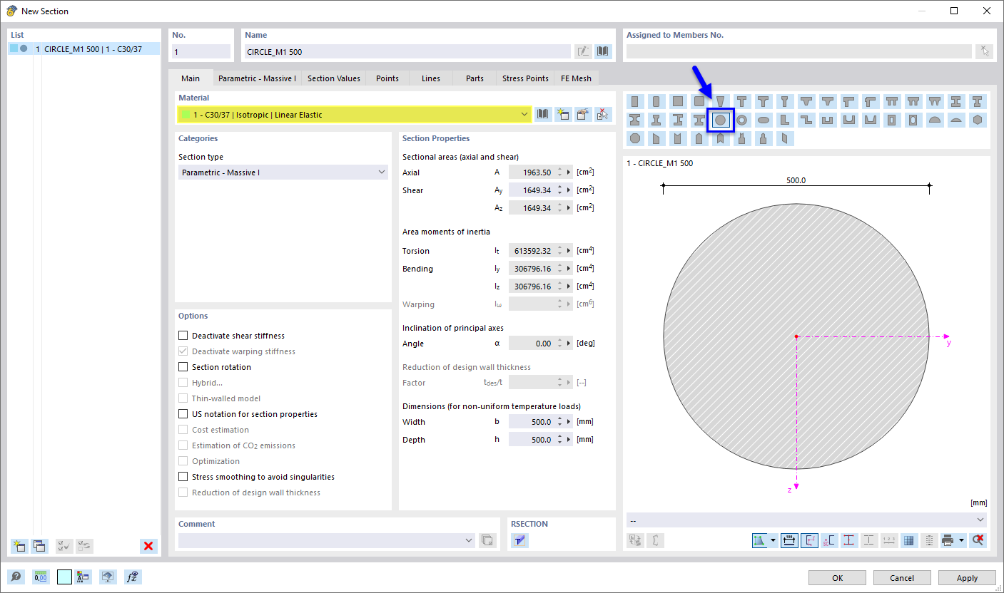 Selecting Parametric Circular Section