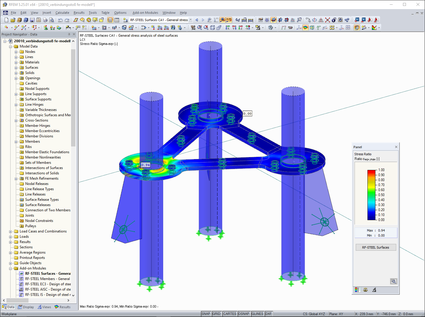 Column Base Steel Stresses in RFEM (© m3-ZT GmbH)