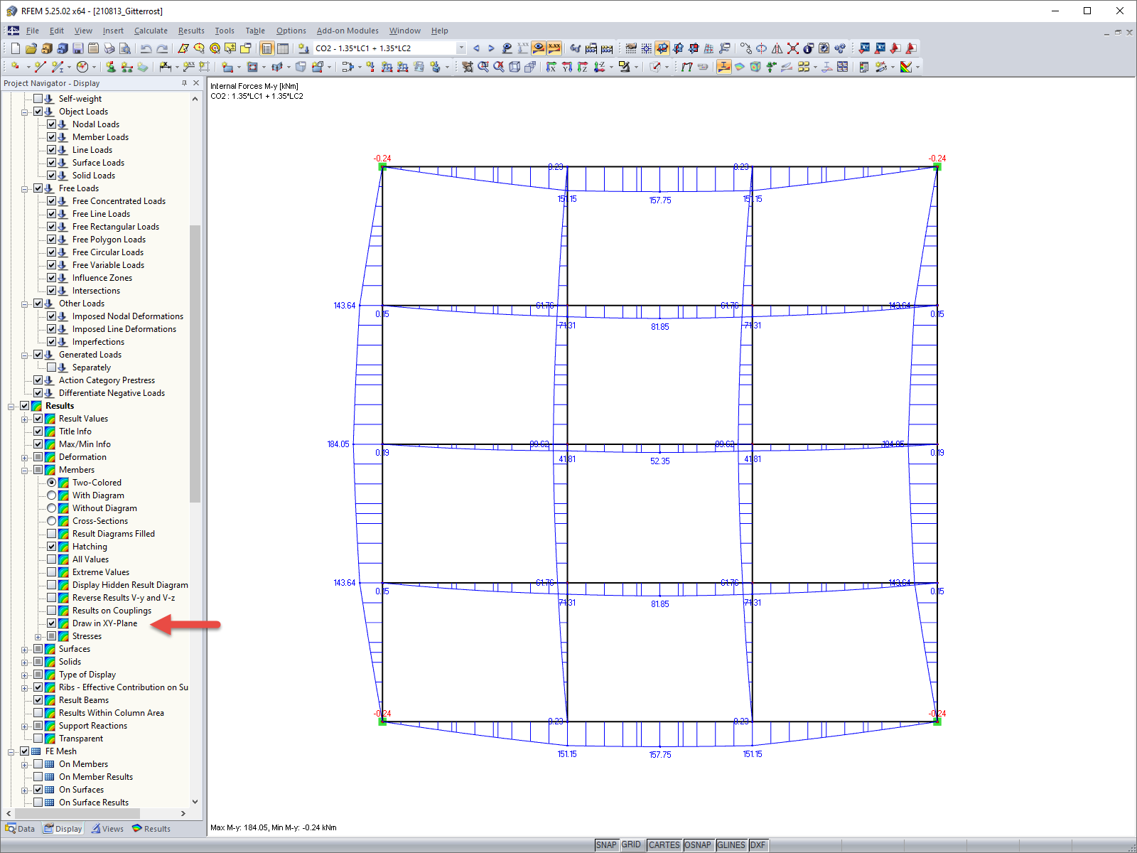 FAQ 005045 | I would like to evaluate the member results in the top view. Is it possible to get the results drawn in the XY plane?