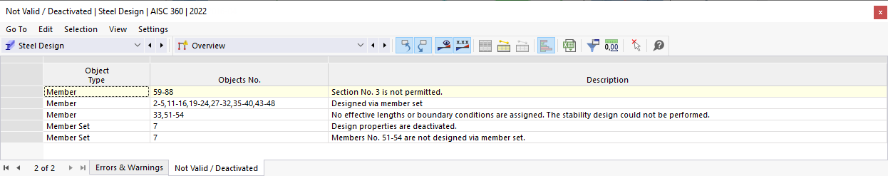 Result Table Not Valid / Deactivated in Steel Design