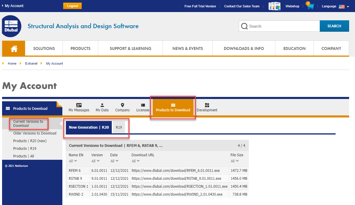 RFEM RSTAB Download Links on Dlubal Website