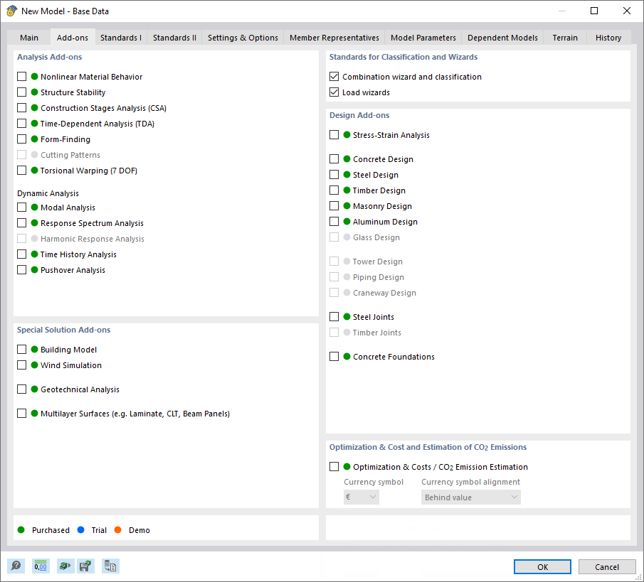 Dialog Box "New Model – Base Data", Tab "Add-Ons"