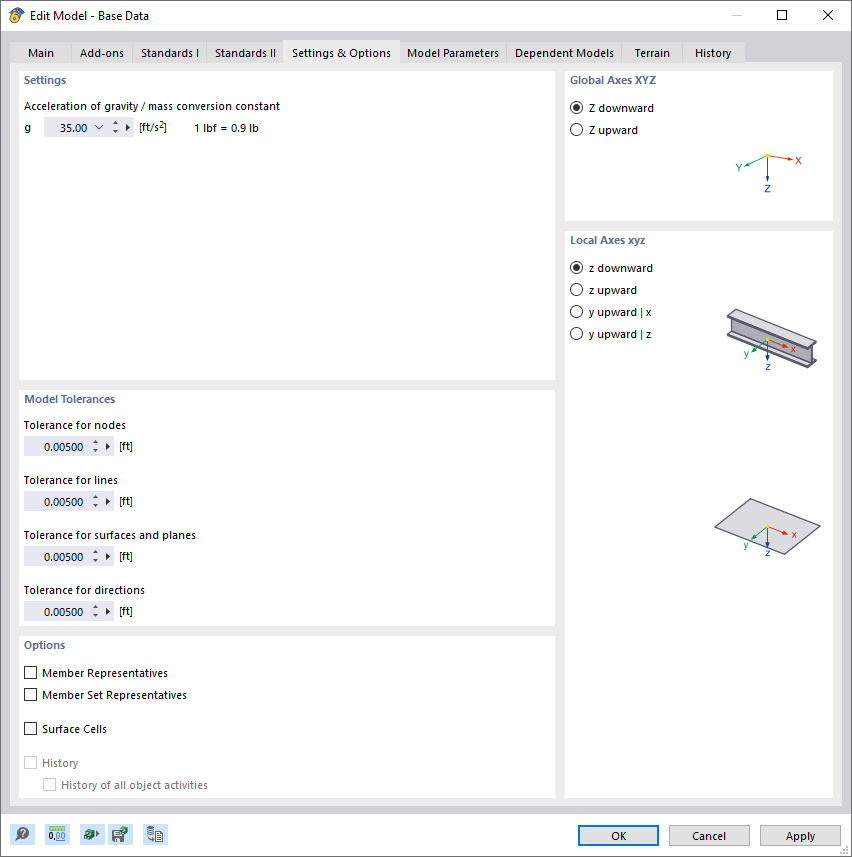 Dialog Box "New Model – Base Data", Tab "Settings & Options"