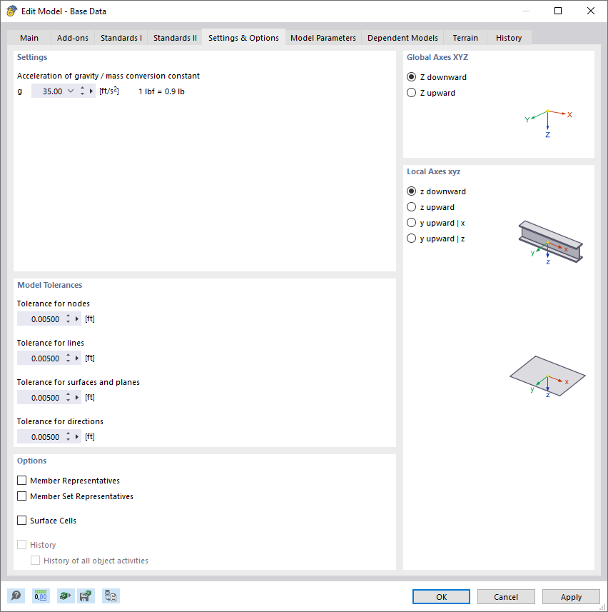 'Settings & Options' Tab in 'New Model - Base Data' Dialog Box