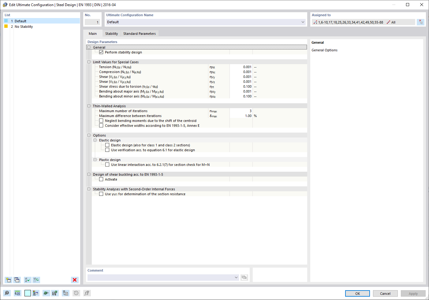 Dialog Box "Edit Ultimate Limit State Configuration" for Steel Design