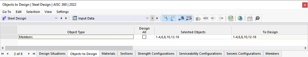 Input Table for Objects to Design in Steel Design