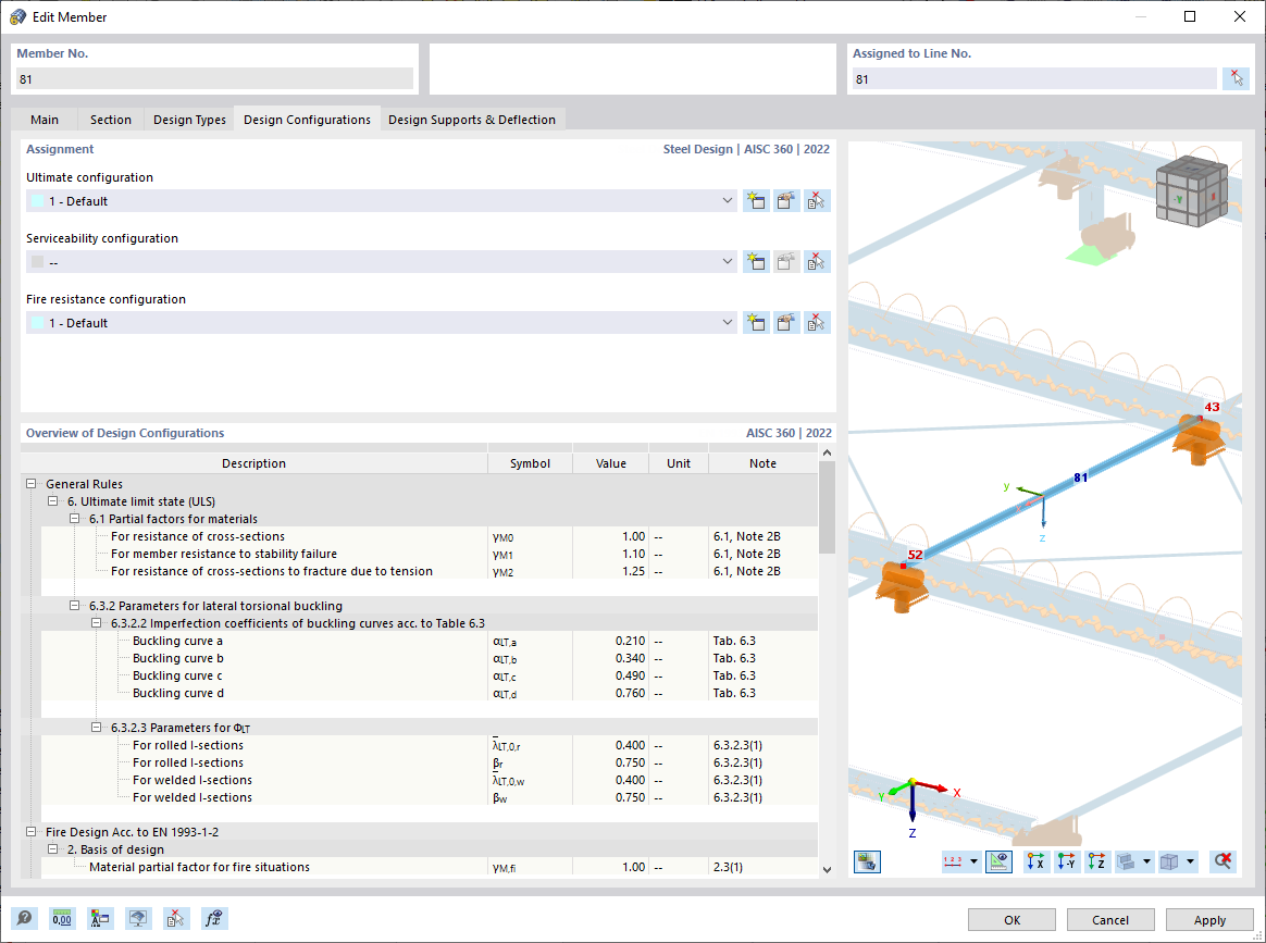 Dialog Box "Edit Member", Tab "Design Configurations" for Steel Design