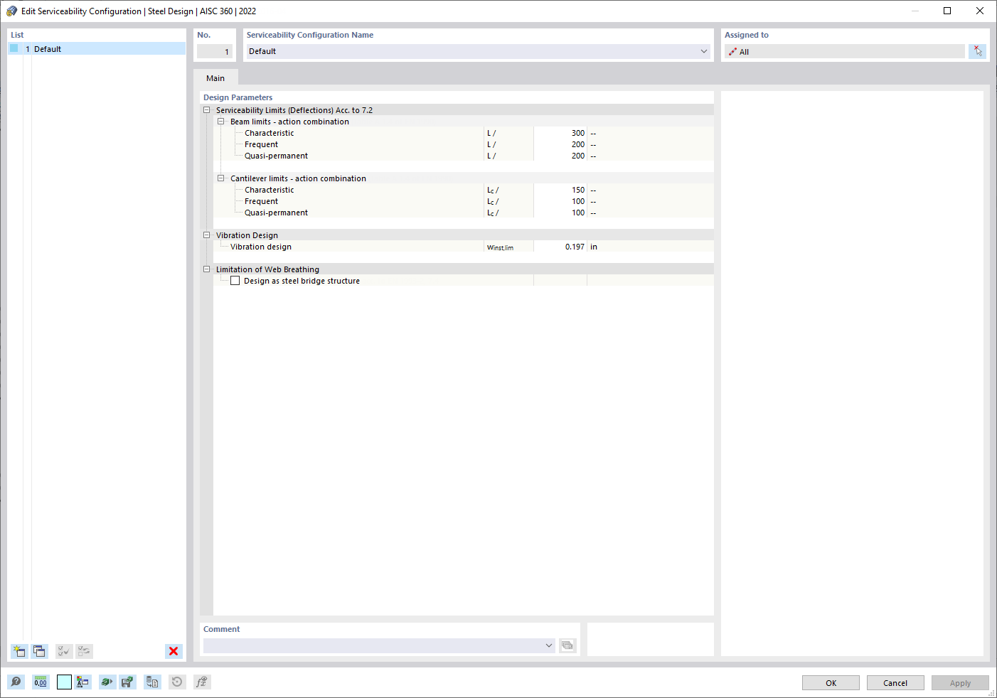 Dialog Box "Edit Serviceability Configuration" for Steel Design