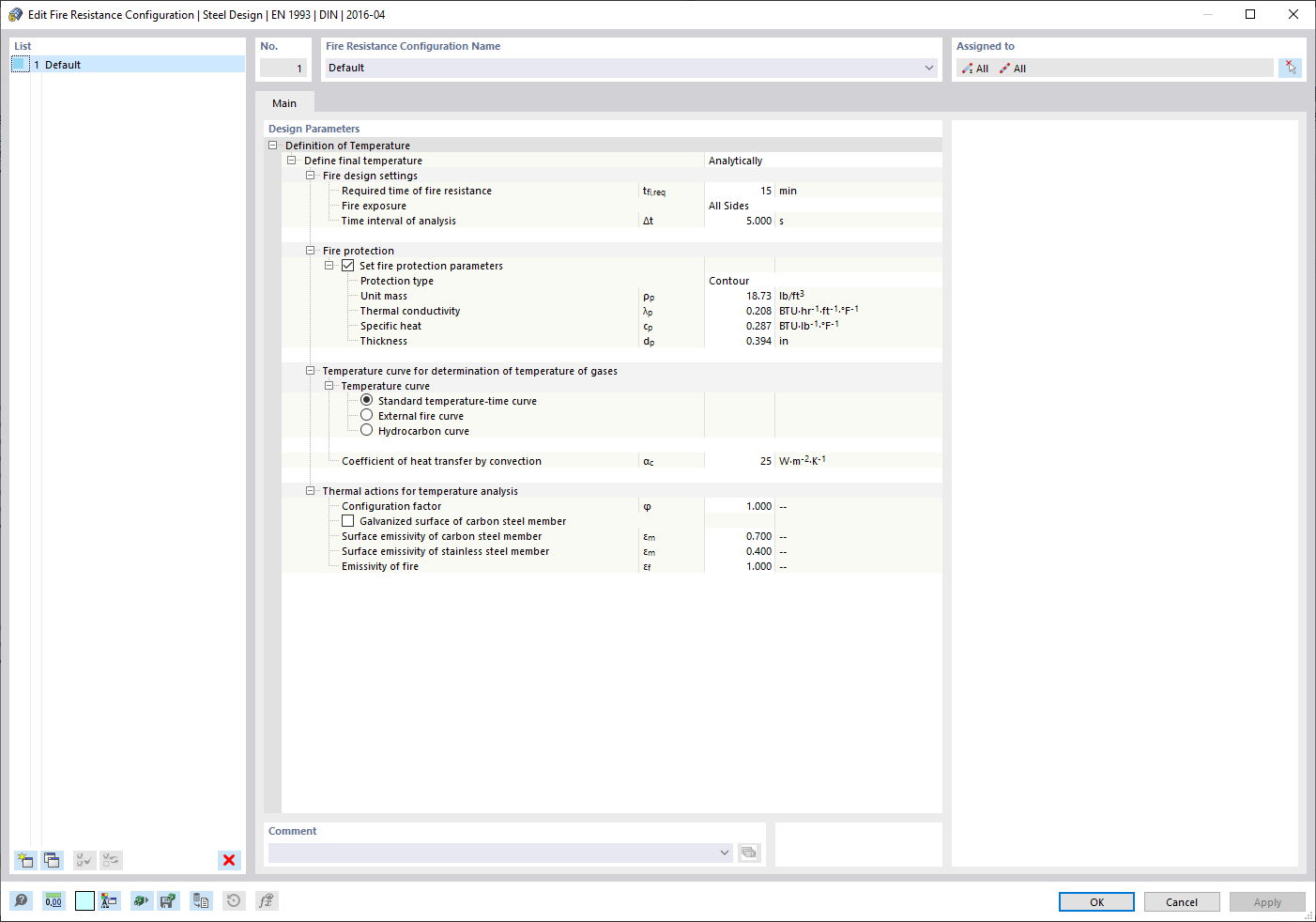 "Edit Fire Resistance Configuration" Dialog Box for Steel Design