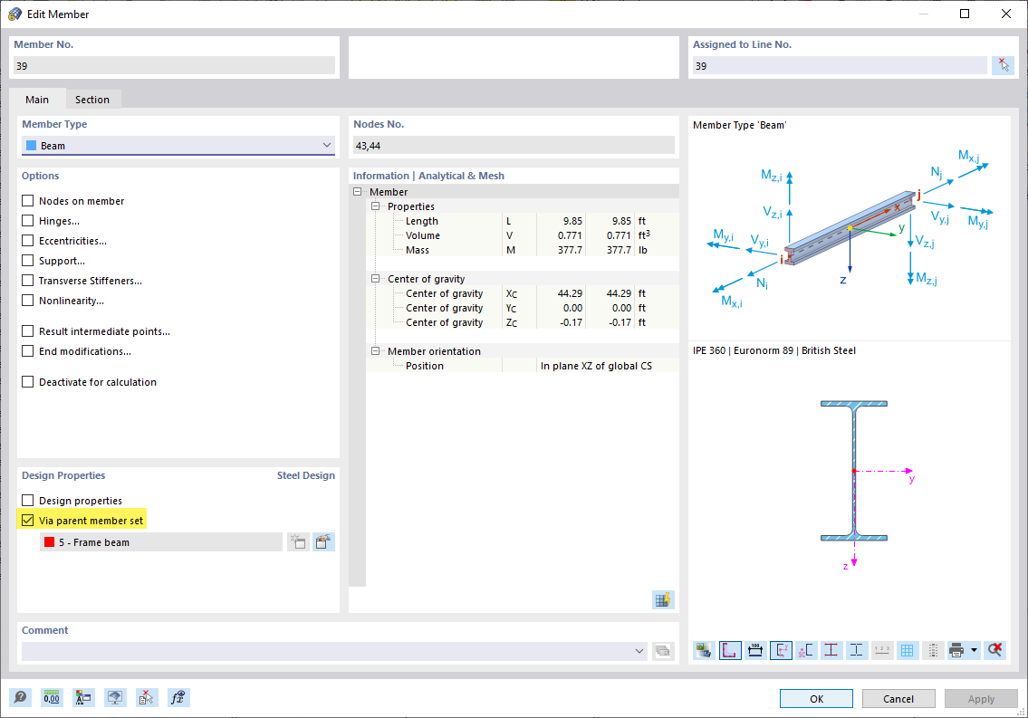 Dialog Box "Edit Member", Steel Design via Parent Member Set