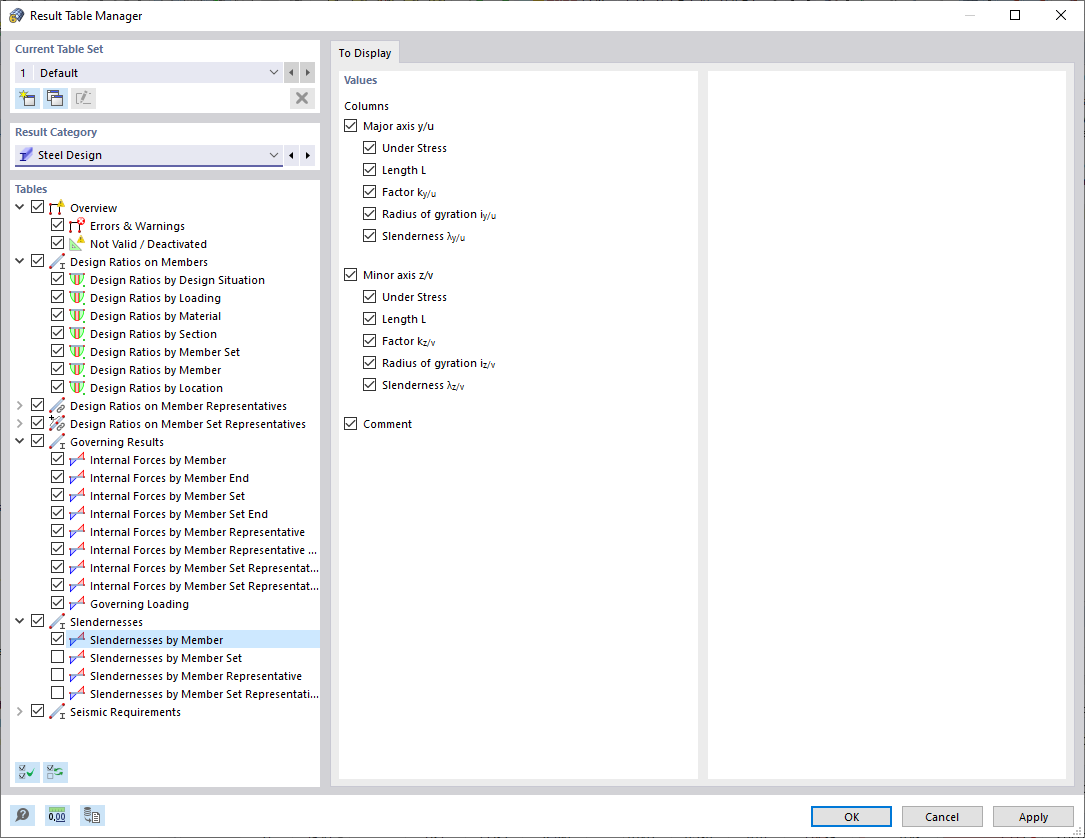 Result Table Manager for Steel Design, Slenderness