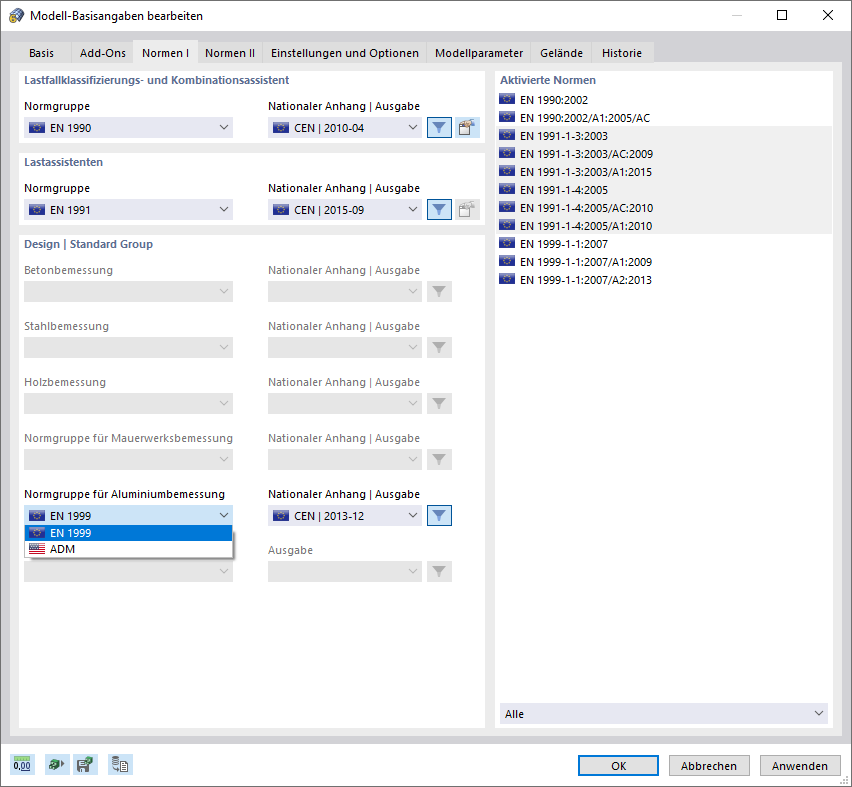 Dialog Box "Edit Model - Base Data", Selecting Standard for Aluminum Design