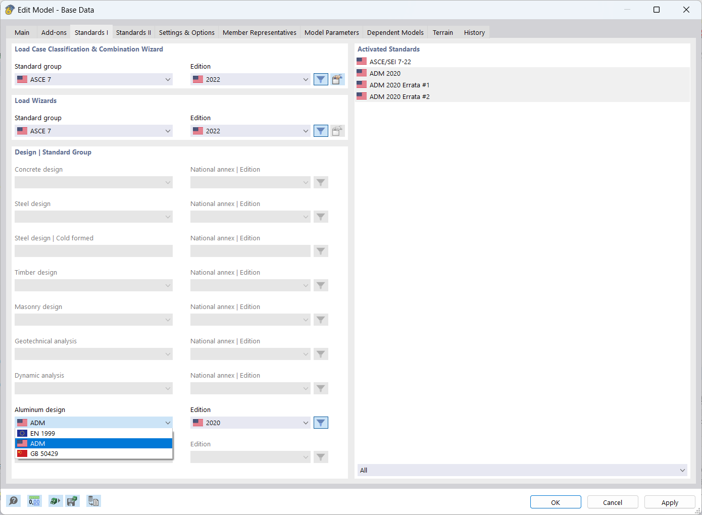 Dialog Box "Edit Model Base Data", Selecting Standard for Aluminum Design