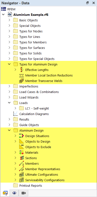 Categories for Aluminum Design in Navigator - Data