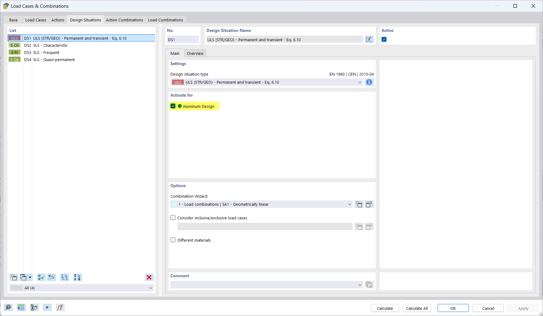 Dialog 'Last Cases and Combinations', activation of a design situation for aluminum design