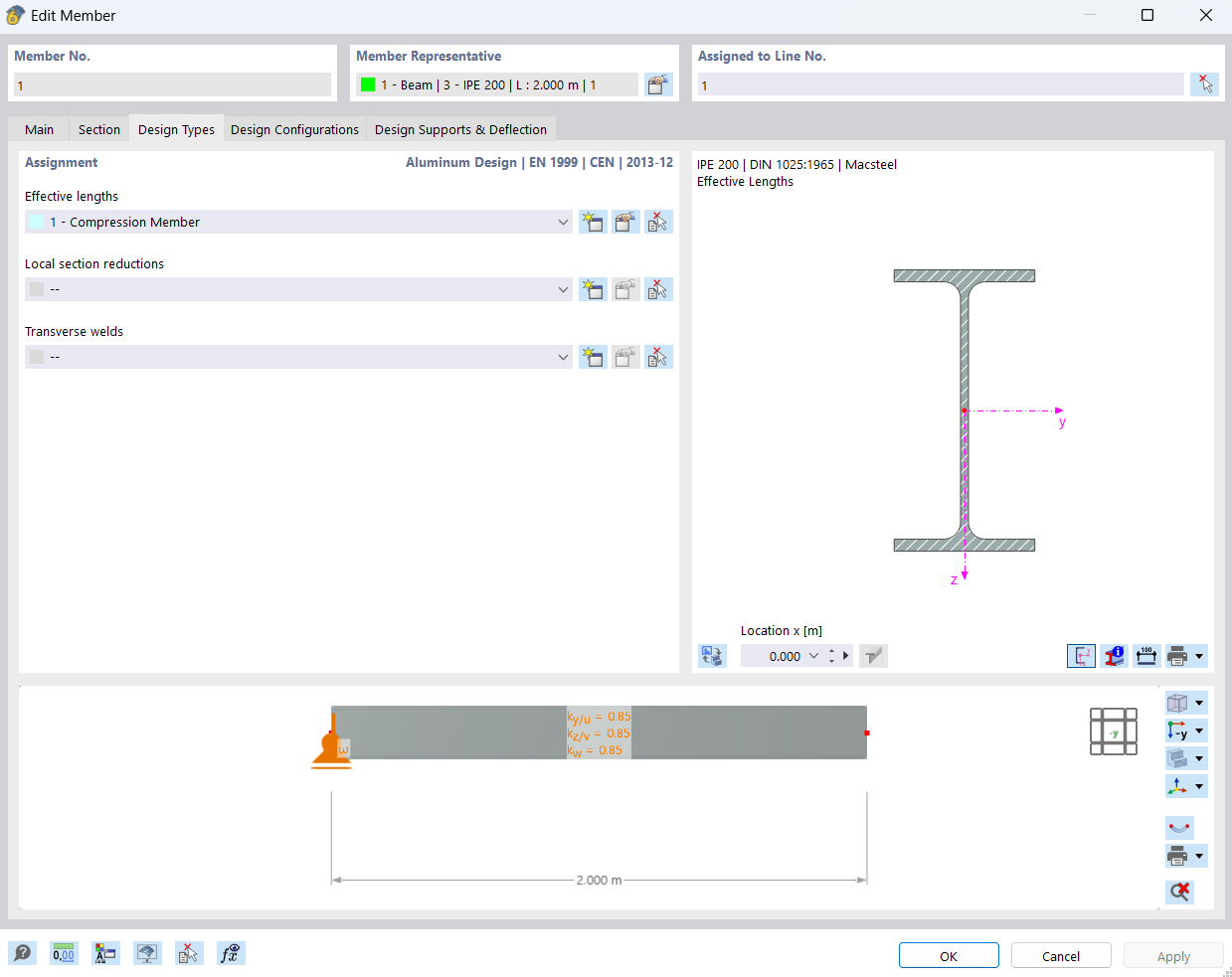 Dialog Box "Edit Member", Tab "Design Types" for Aluminum Design