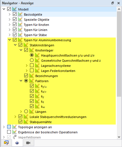 Displaying Options of Types for Aluminum Design in Navigator - Display