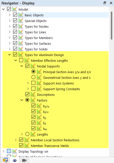 Displaying Options of Types for Aluminum Design in Navigator - Display