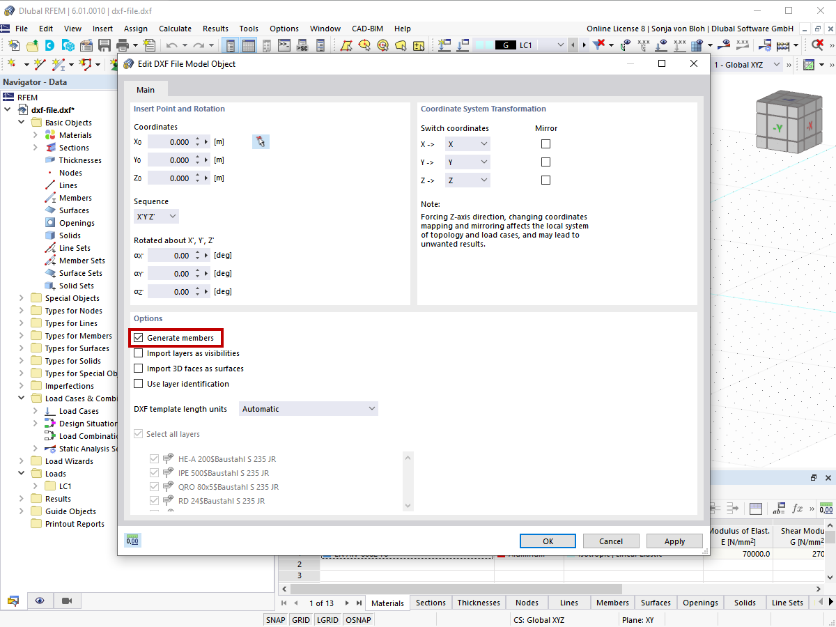 FAQ 005141 | Is it also possible to create members when importing a DXF file into RFEM?